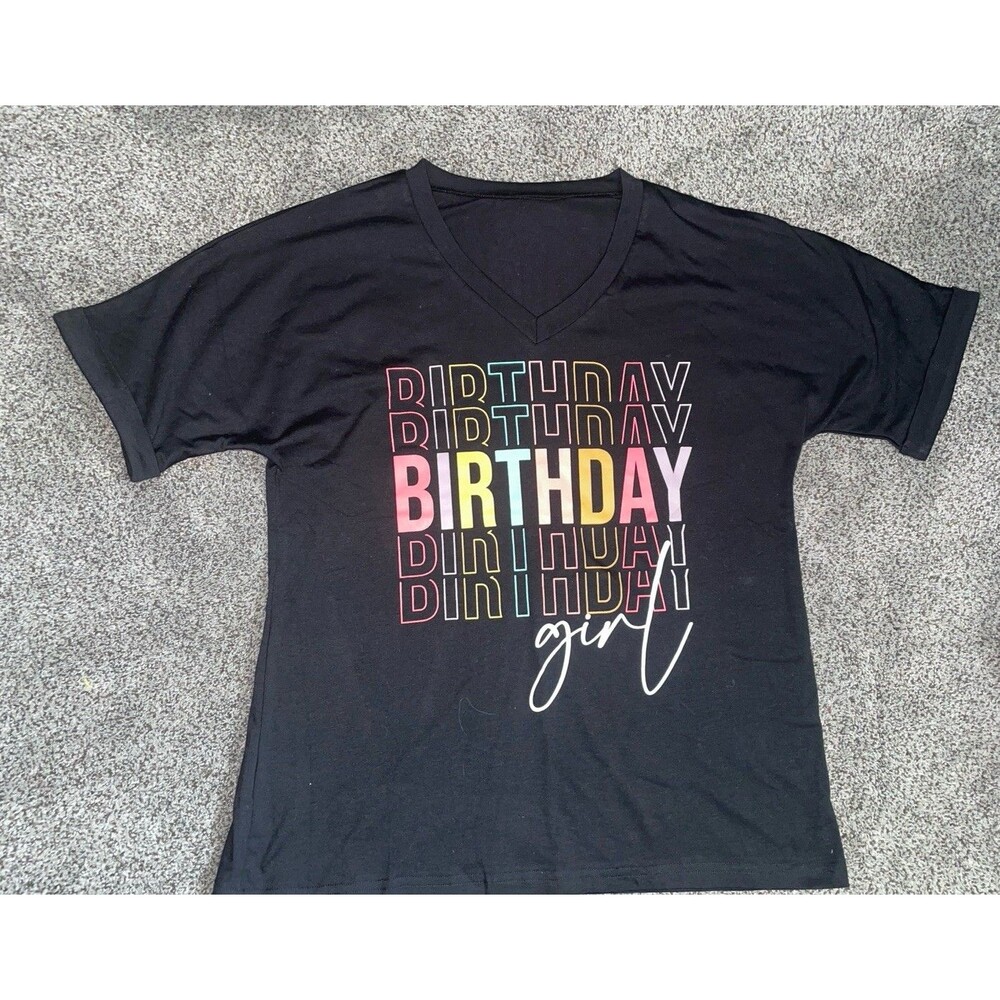 Black Birthday Girl V-Neck T-Shirt Size M Colorful Graphic Tee